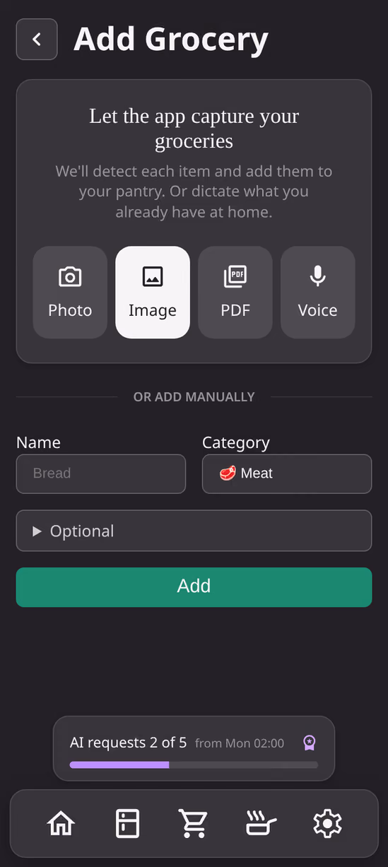 The Pastro capture screen with buttons for photo, image, PDF and voice