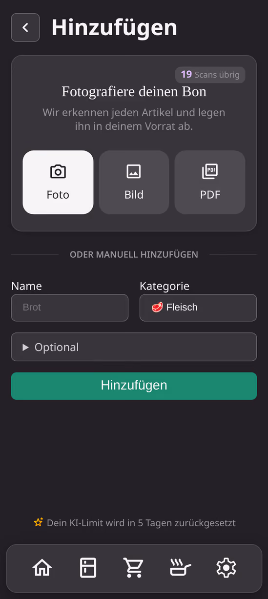 Der Pastro-Erfassungsscreen mit allen auf dem Kassenbon erkannten Positionen