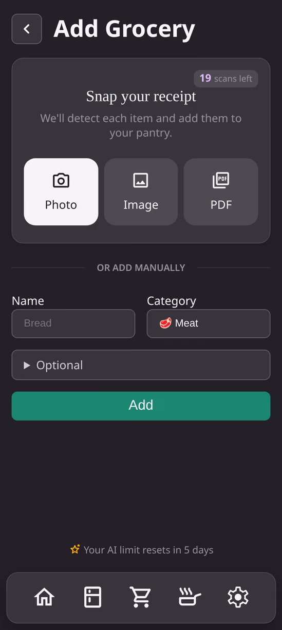 The Pastro capture screen listing every item detected on a receipt