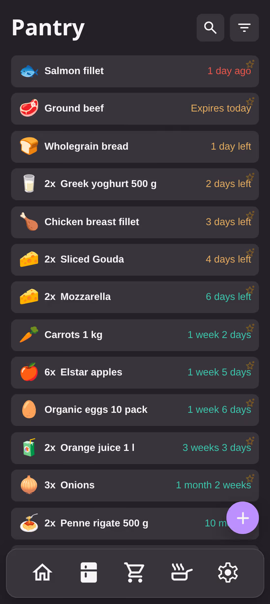 The Pastro pantry screen with colour-coded freshness