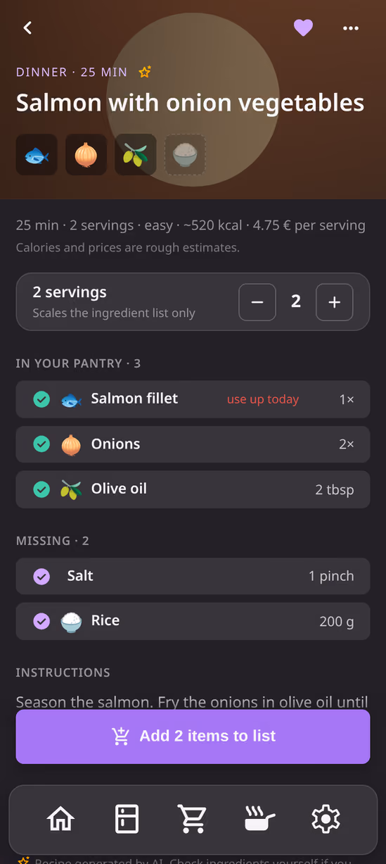 The Pastro recipe view showing which ingredients are already in the pantry and which are missing
