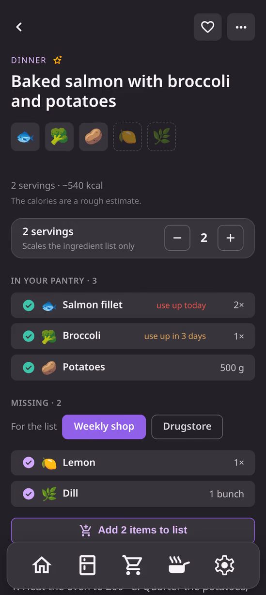 The Pastro recipe view showing which ingredients are already in the pantry and which are missing