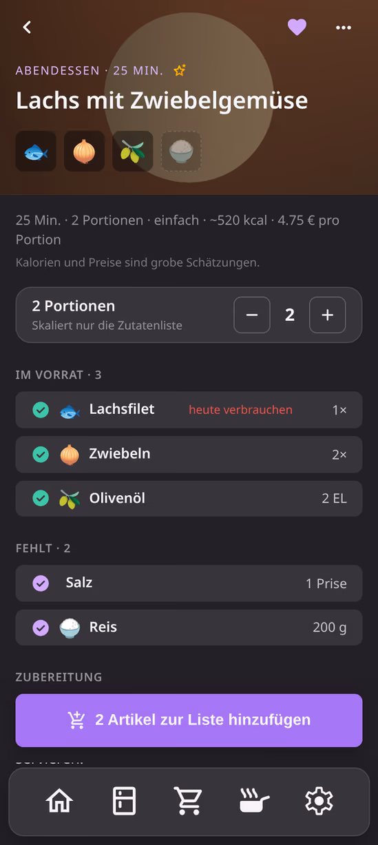 Die Rezeptansicht von Pastro zeigt, welche Zutaten im Vorrat sind und welche fehlen